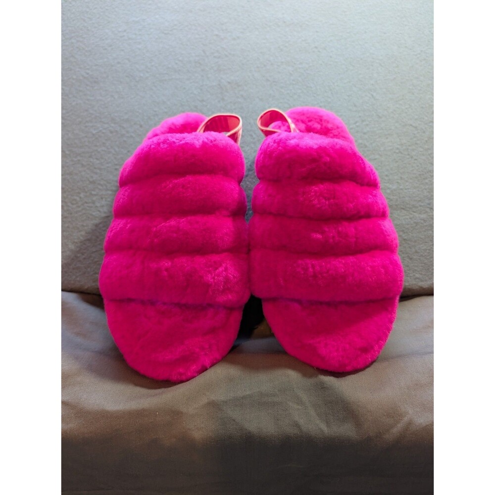 UGG Fluff Yeah Women’s Slide Slipper Pink/Red Shearling Fur Logo Strap 7